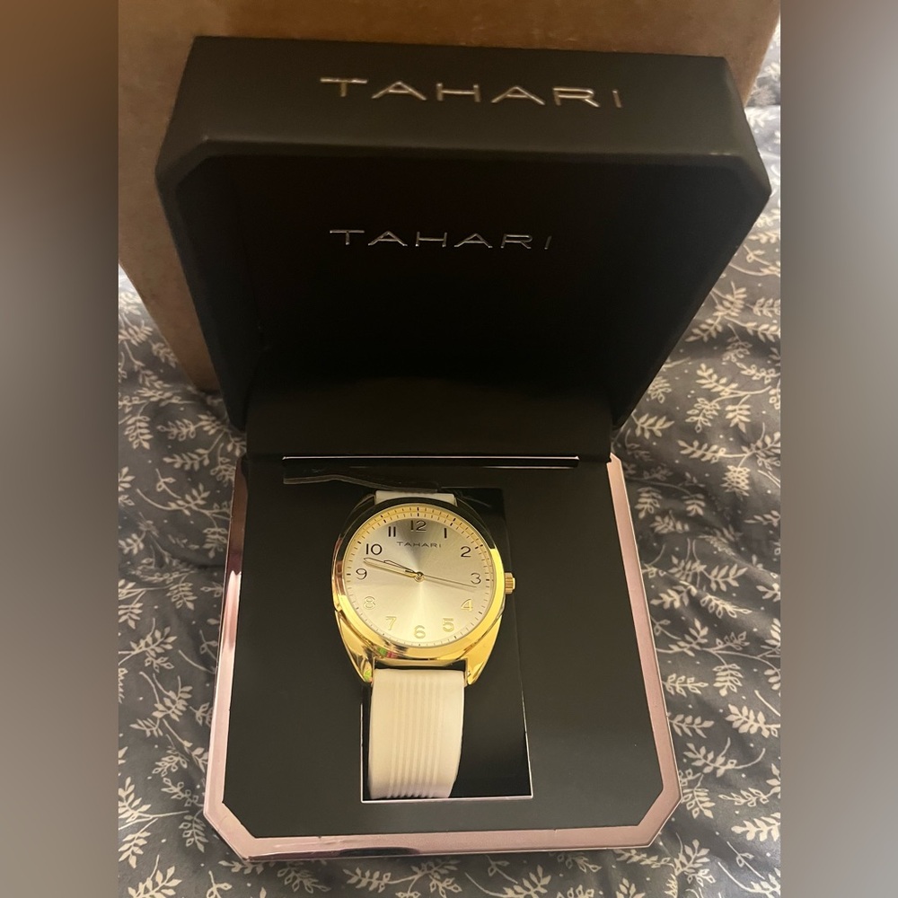 Tahari Gold-Tone Watch with Cream Strap New in Box with Tag